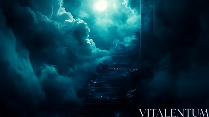 Stairway ascending through moonlit teal storm clouds.