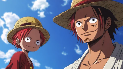 Two straw hats tilt toward a sunlit sky of bold dreams