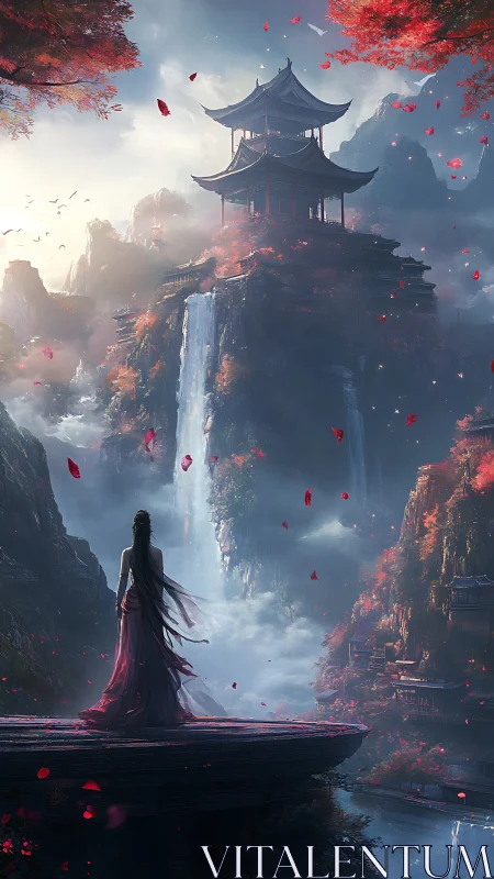 Mystic cliffside temple and lone dreamer above silver falls.