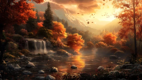 Sunlit autumn valley with waterfall and reflective river basin
