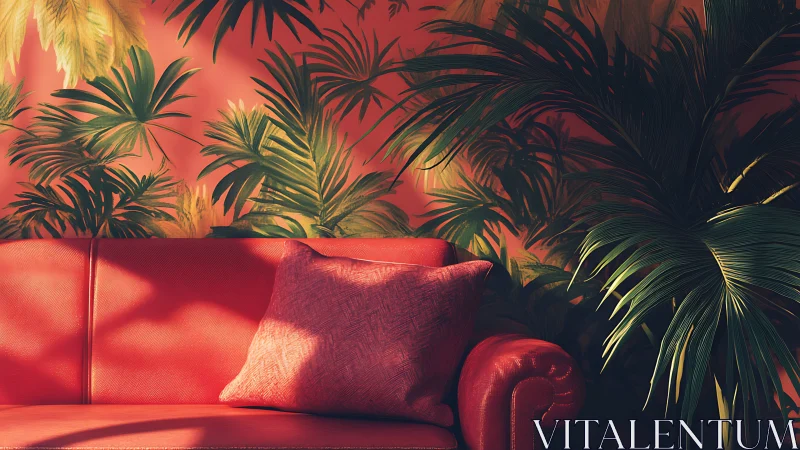 Red leather sofa with tropical foliage wallpaper background.