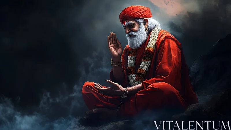 Elderly guru in orange robes meditating amid dark clouds.