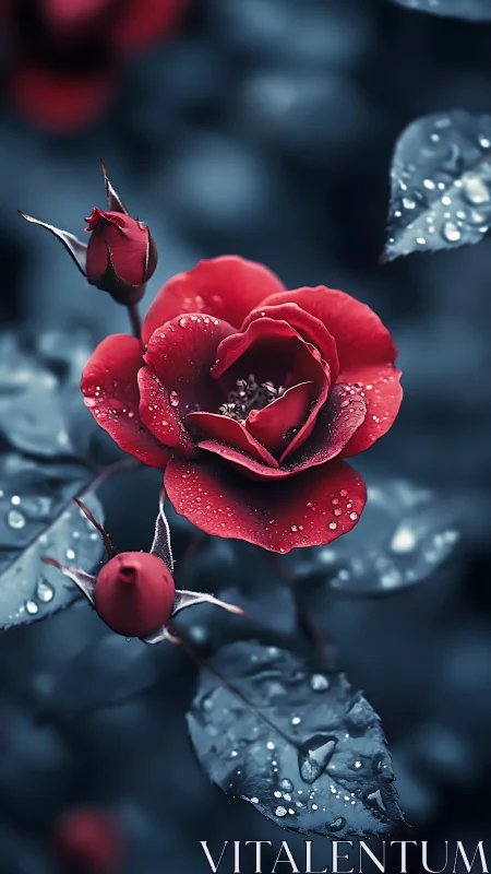 Red Rose with Water Droplets Against Dark Blue Foliage