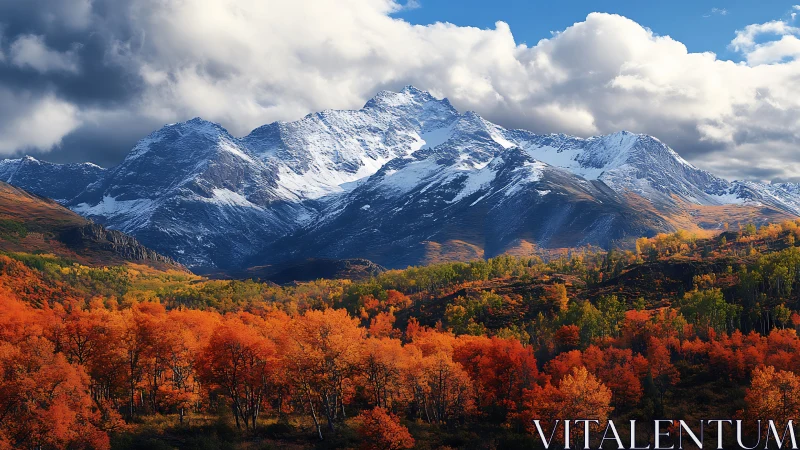 Crimson forest meets tranquil snowcapped mountain giants.
