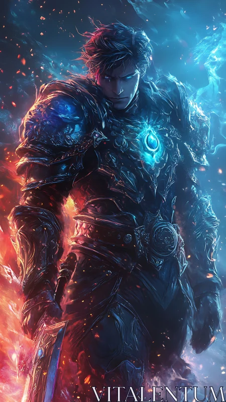 Bifurcated fire and ice knight in glowing arcane armor