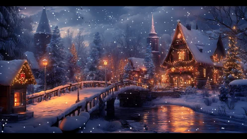 Snowlit village bridge glows like a lantern in winter hush