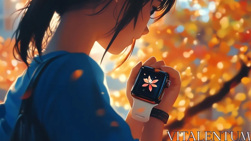 Autumn bokeh portrait with smartwatch closeup and flower display