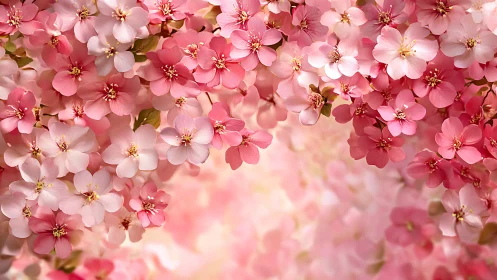 Pink Cherry Blossoms Frame Soft Blurred Background Scene.