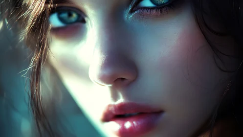 Hyperreal close-up of young woman’s face in cool light.