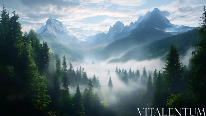 Alpine valley with snow-capped peaks surrounded by coniferous forest