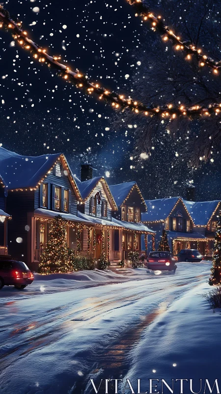 Snow-covered residential street shows seasonal night lighting