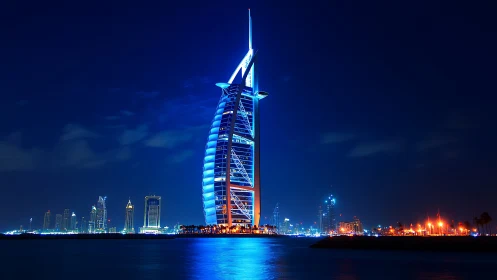 Night skyline with illuminated sail-shaped luxury hotel tower