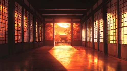 Sunlit corridor with shoji panels and autumn foliage outside.