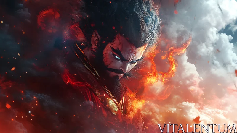 Fiery warrior descends from storm clouds in burning wrath