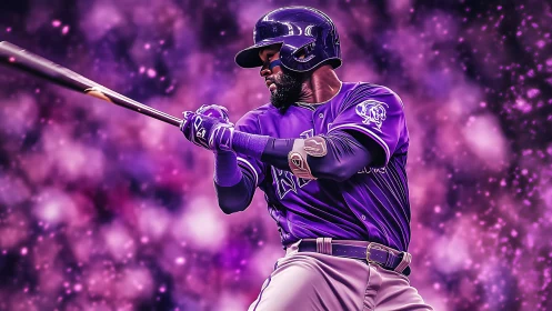 Baseball batter in purple uniform against abstract backdrop.