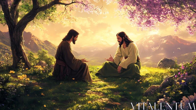 Two robed men conversing in sunlit mountain meadow landscape.