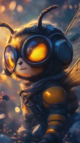 Anthropomorphic bee character in flight suit stands in light