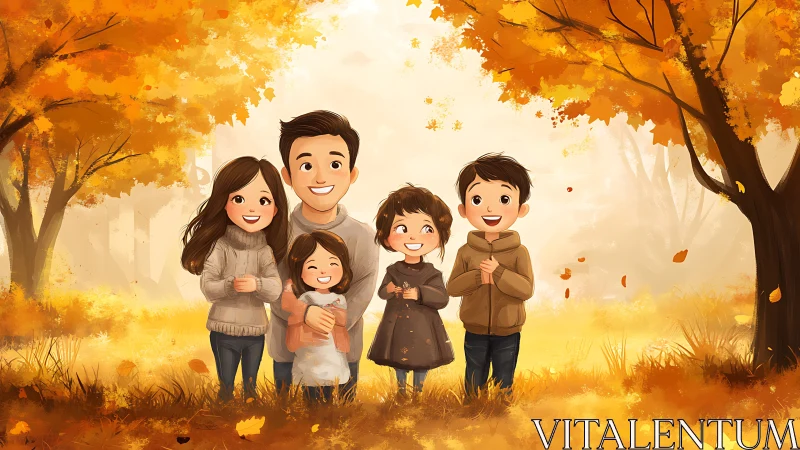 Illustrated family of five figures in autumn forest landscape setting