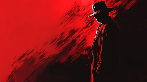Shadowed detective stands quiet against a bold red storm