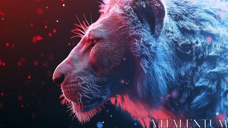 Bioluminescent lion profile in neon red and blue haze.