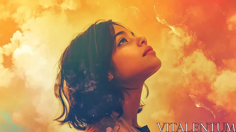 Dreamlit portrait of a hopeful girl in fiery clouds.