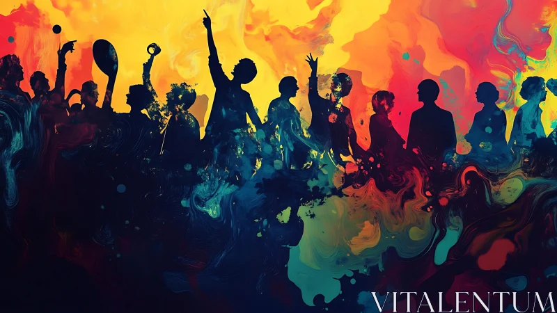 Crowd silhouettes merge with swirling neon pigment fields.