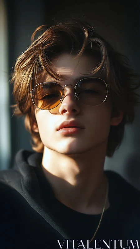 Young person in tinted sunglasses under directional light.