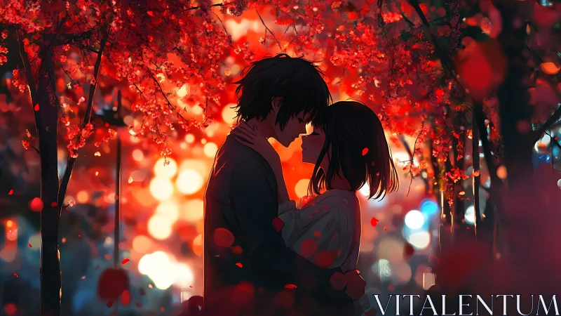 Silhouetted couple under crimson blossoms with bokeh glow.