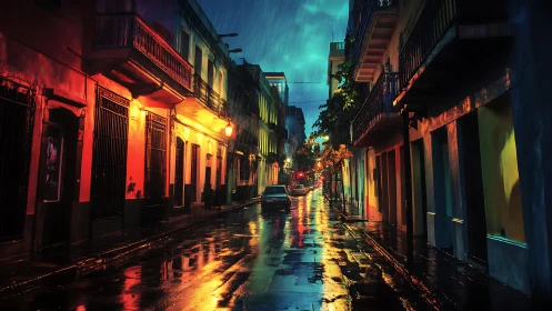 Rain-soaked neon alleyway humming under tropical twilight.