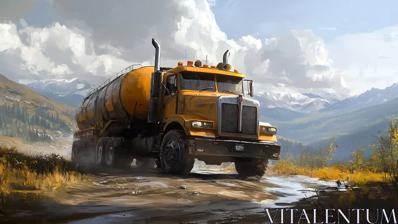 Rugged yellow tanker truck powers through remote mountain pass