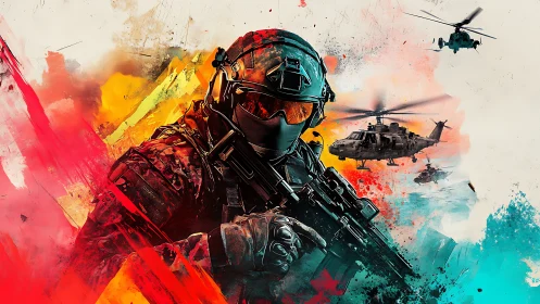 Armored soldier aims rifle amid abstract combat aviation