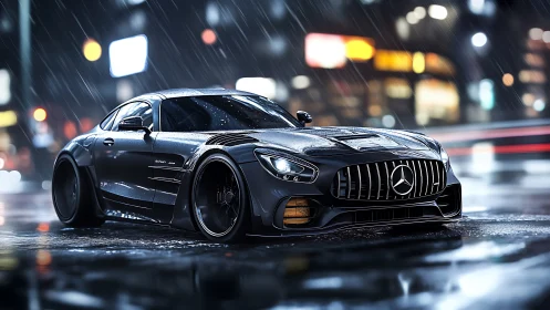 Sleek black Mercedes coupe glows on rainy neon city streets.