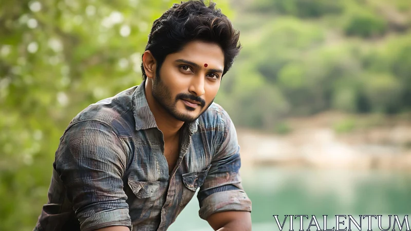 Man leaning outdoors near water with soft natural light.