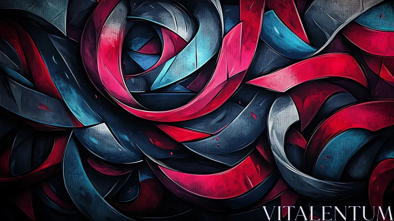 Interlocking red blue ribbons form dense abstract vortex