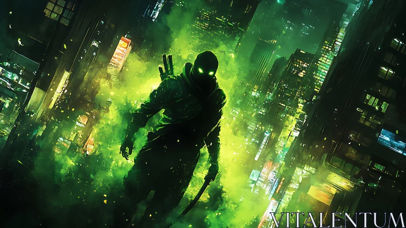 Hooded figure in green vapor within dense neon cityscape.