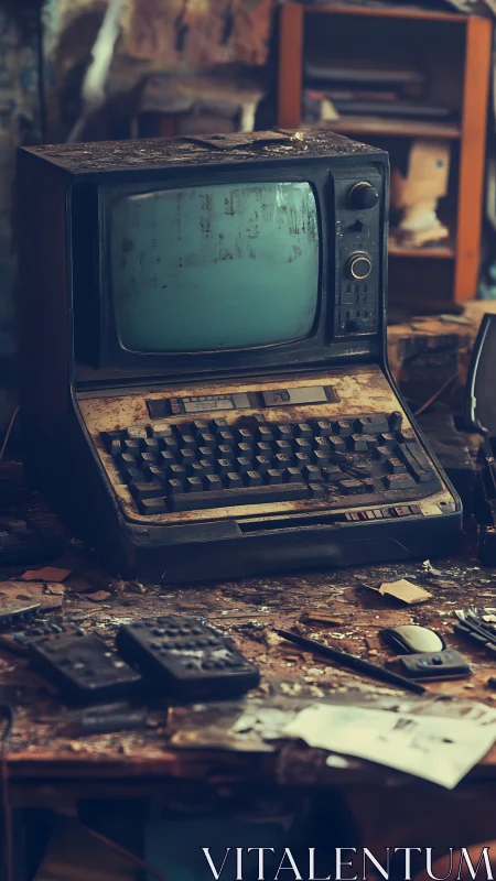 Abandoned CRT terminal with integrated keyboard in dusty workshop