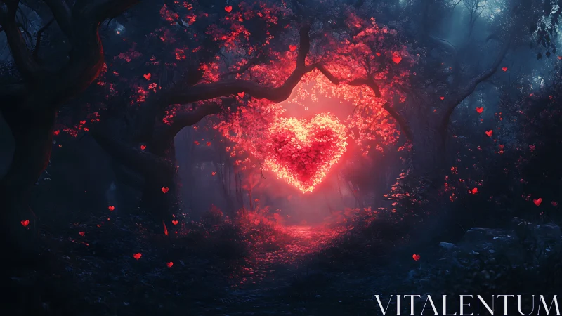 Luminous heart form radiating within dark wooded environment