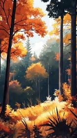 Autumn Forest Path: Golden Light Through Towering Trees.