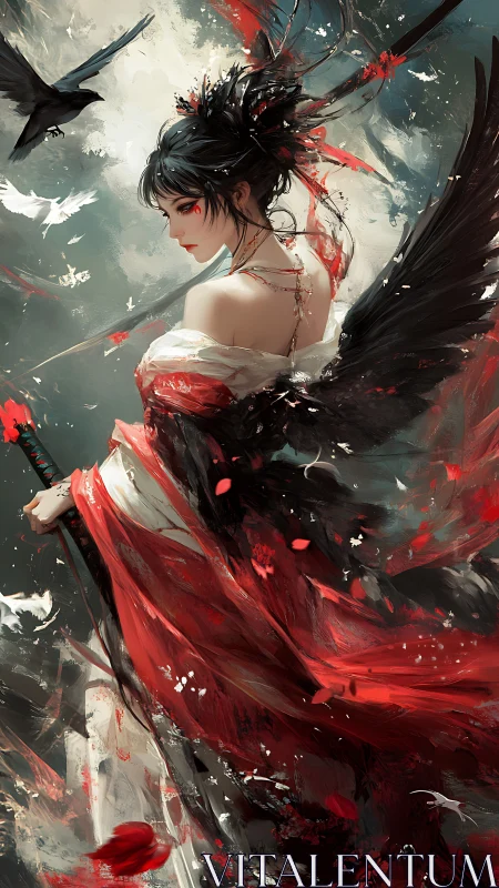 Winged warrior in crimson grace amid swirling twilight.