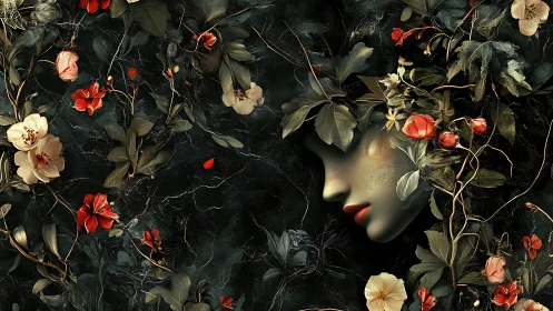 Floral-veiled female profile emerges from dark botanical void
