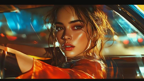 Neon-lit driver portrait captures cinematic night-time intensity