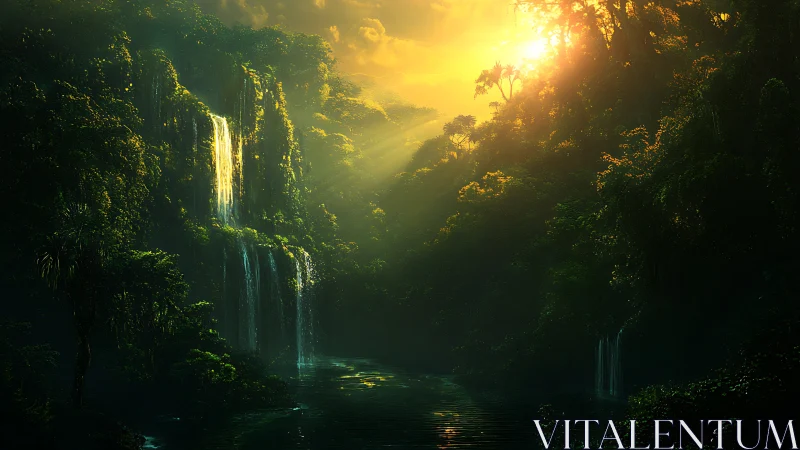 Mystical jungle waterfall bathed in golden sunrise light