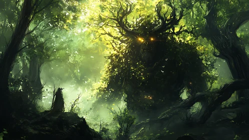 Forest guardian titan emerges in luminous verdant mist.