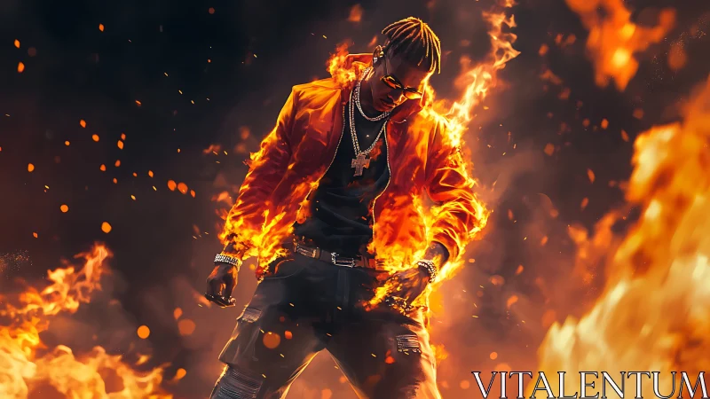 Figure Engulfed in Flame With Jewelry and Dark Clothing