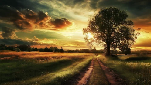 Sunlit country road curves through golden meadow at sunset