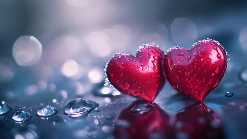 Two Red Glass Hearts with Water Droplets.