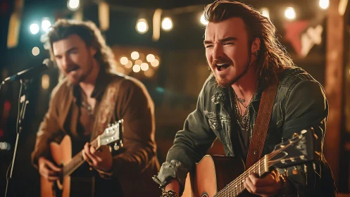 Country duo performing acoustic guitars under warm stage lights