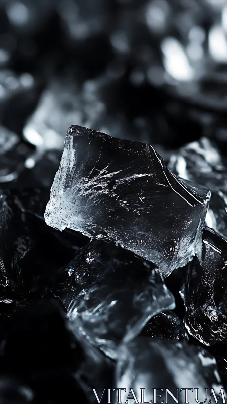 Close-up ice cube rests on dark, glossy frozen fragments