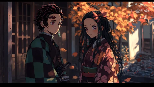 Anime pair in autumn garden wearing patterned kimono.