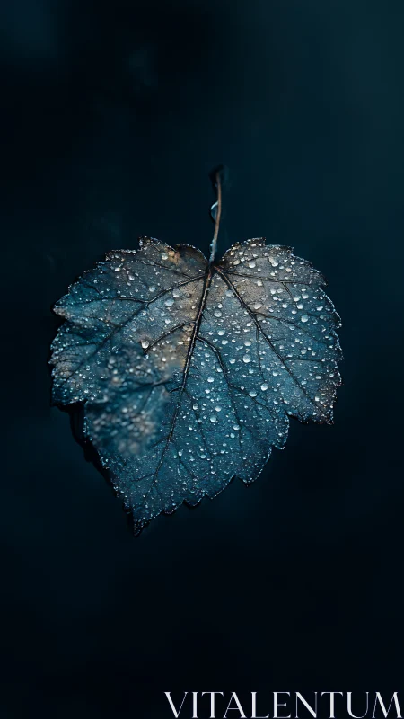 Moody closeup leaf with raindrops against deep blue background.